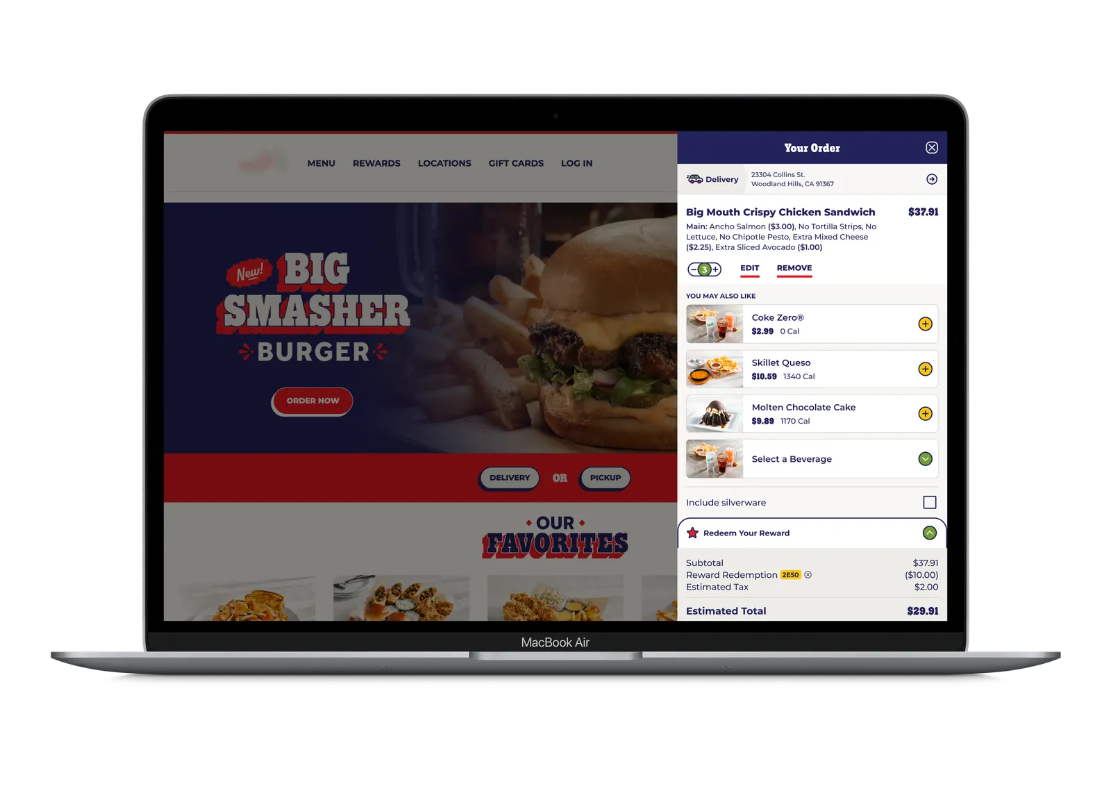 The redesigned cart open on a laptop, showing an order with add-on suggestions, a redeemed reward and the running total