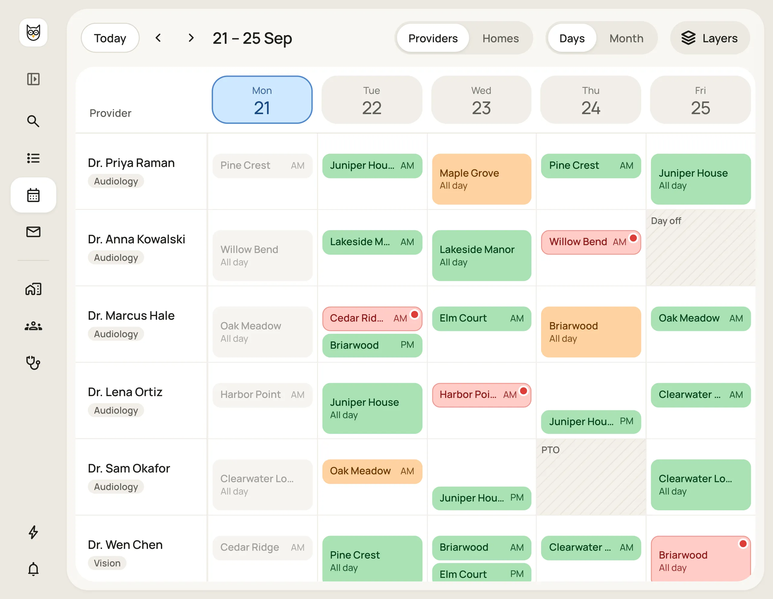 Team calendar showing a week of provider visits across care homes